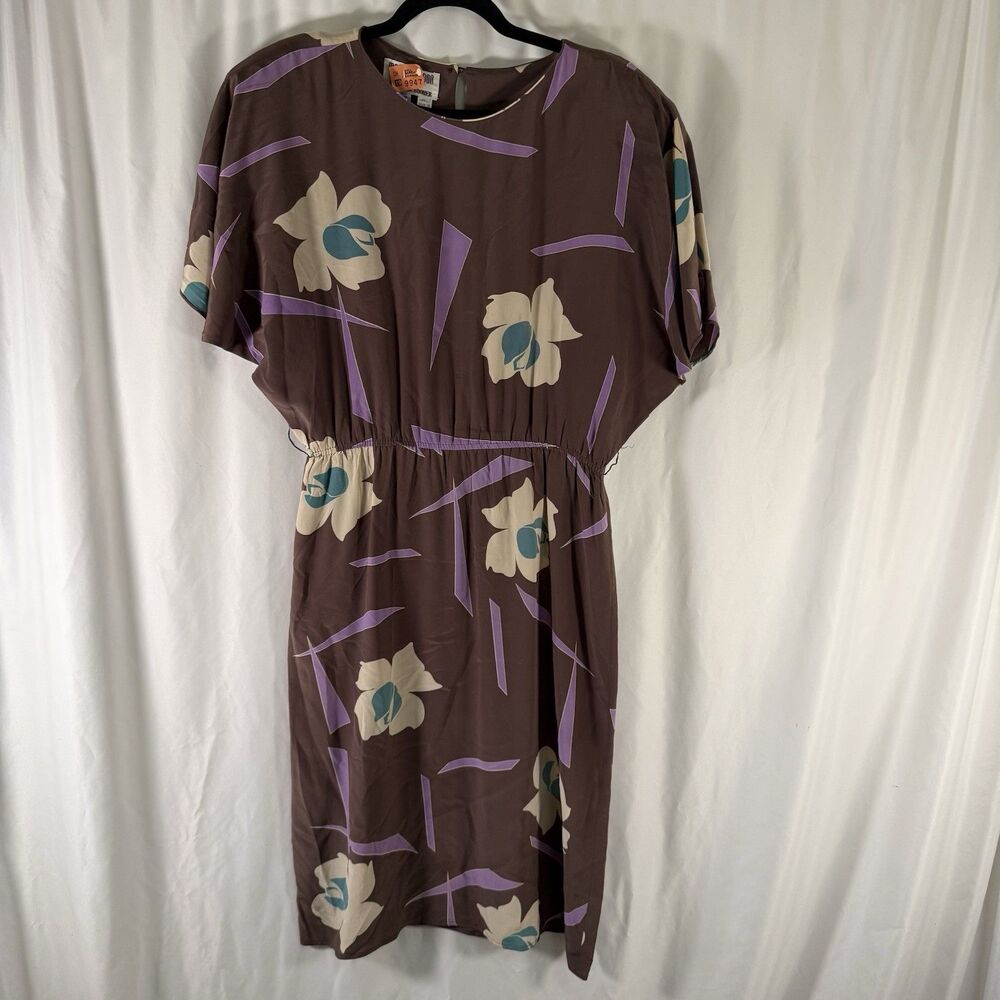 Maggy London Jeannene Booher 100% Silk Dress Womens 8 Brown Floral Shoulder Pads